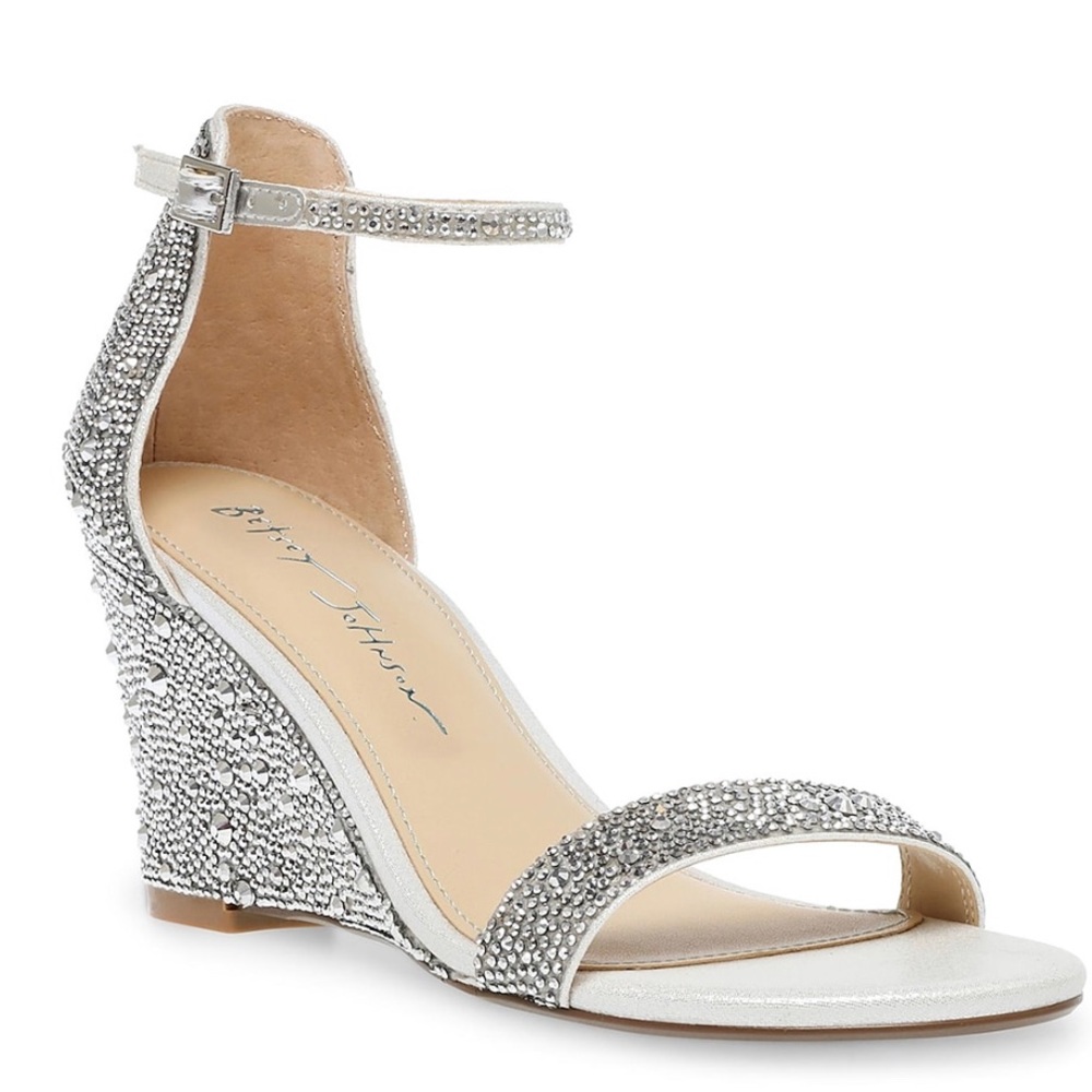 New Betsey Johnson Silver Rhinestone Debie Wedge Heel Shoes Size 8.5 - Picture 2 of 12